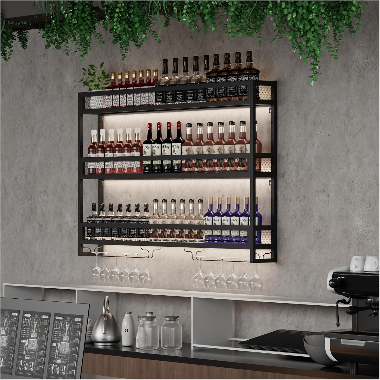 Wine Rack Wall Mounted with LED Light,Bar Liquor Shelf,Black,100cm | Metal,3-Tiers,Wine Glass Holder,Industrial Liquor Bottle Display Storage Shelf,for Home Bar, Dining Room