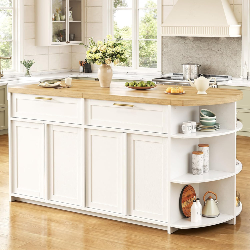 HSH 63 Inch Large Kitchen Island with Storage and Seating, Light Oak | Statio...