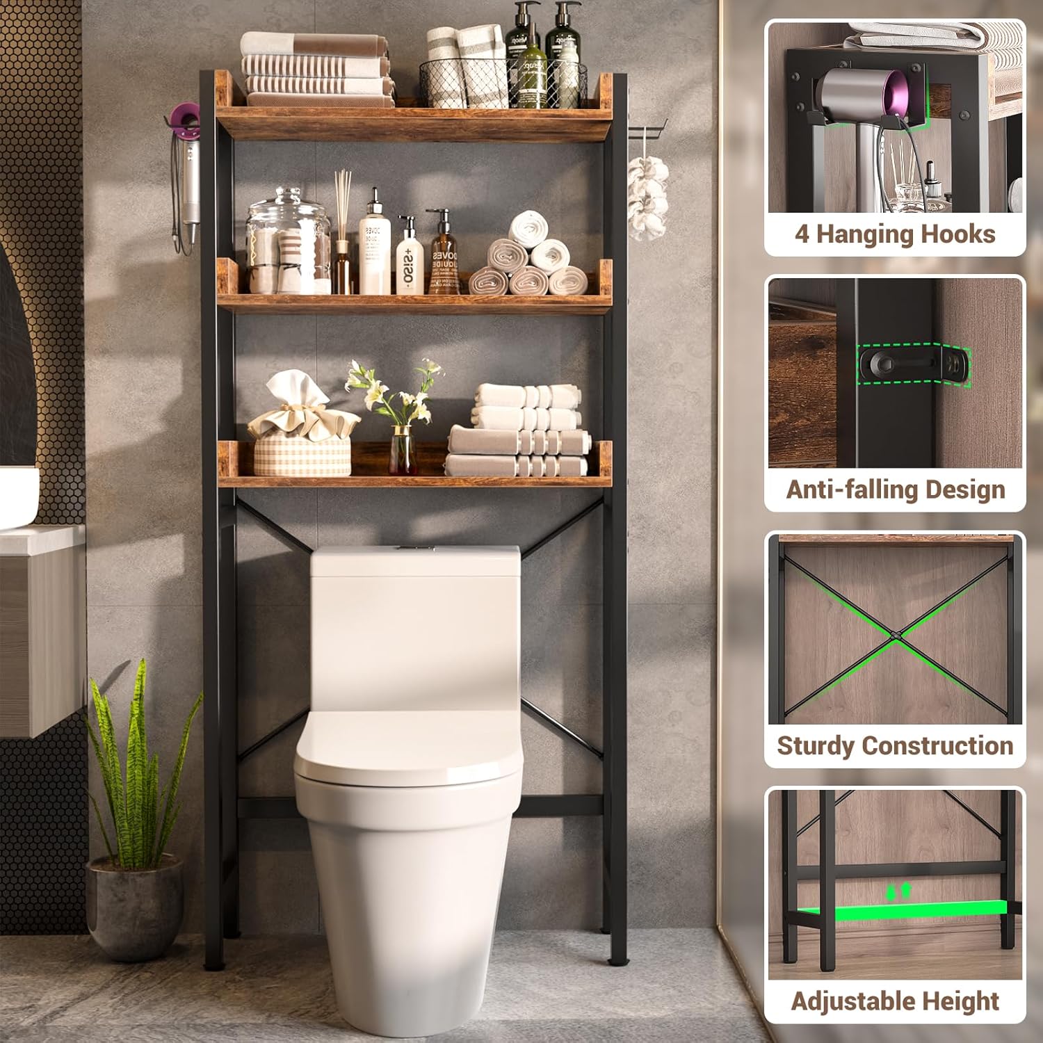 Over The Toilet Storage Rack - 3 Tier Bathroom Organizer with Shelves, Freestanding Space Saver Storage Rack Above Toilet Stand with 4 Hooks for Restroom, Laundry, Rustic Brown
