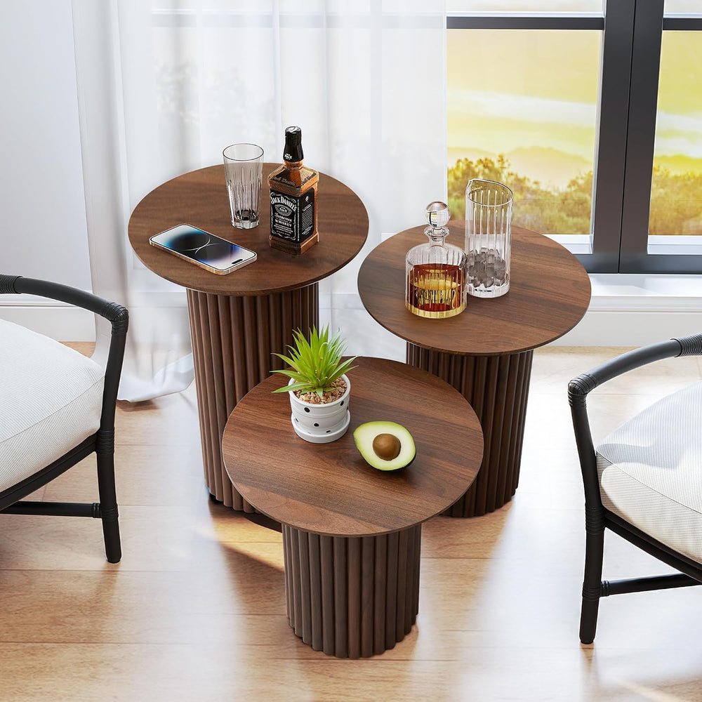 Bifins Walnut Round Nesting Coffee Table Set of 3 | Coffee and End Table Set,...