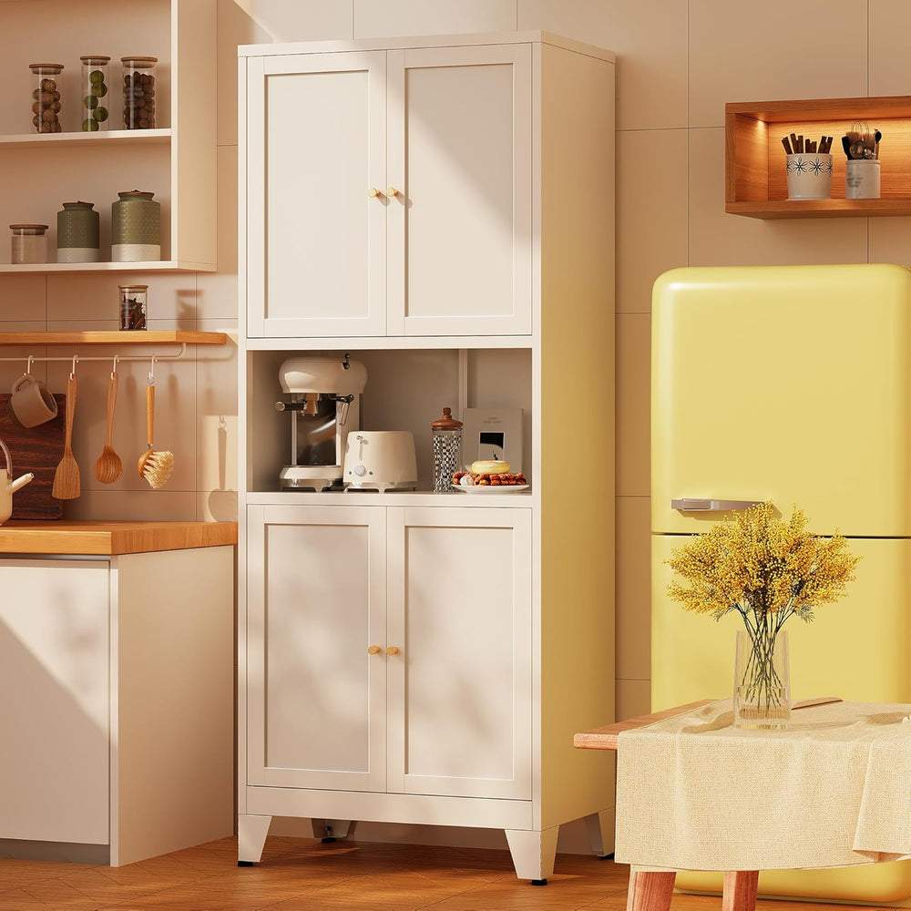 69"H Kitchen Pantry Cabinet with Countertop and Microwave Shelf,Metal Mi...
