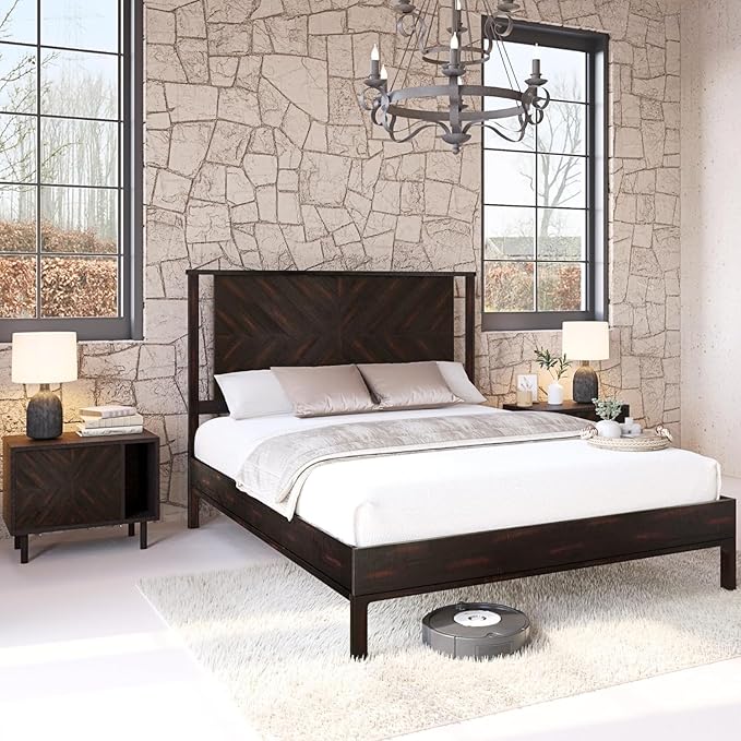 Bme Vivian 14 Inch Deluxe Bed Frame with Headboard, Rustic & Scandinavian Style with Solid Acacia Wood, No Box Spring Needed, 12 Strong Wood Slat Support, Easy Assembly, Queen, Rustic Black