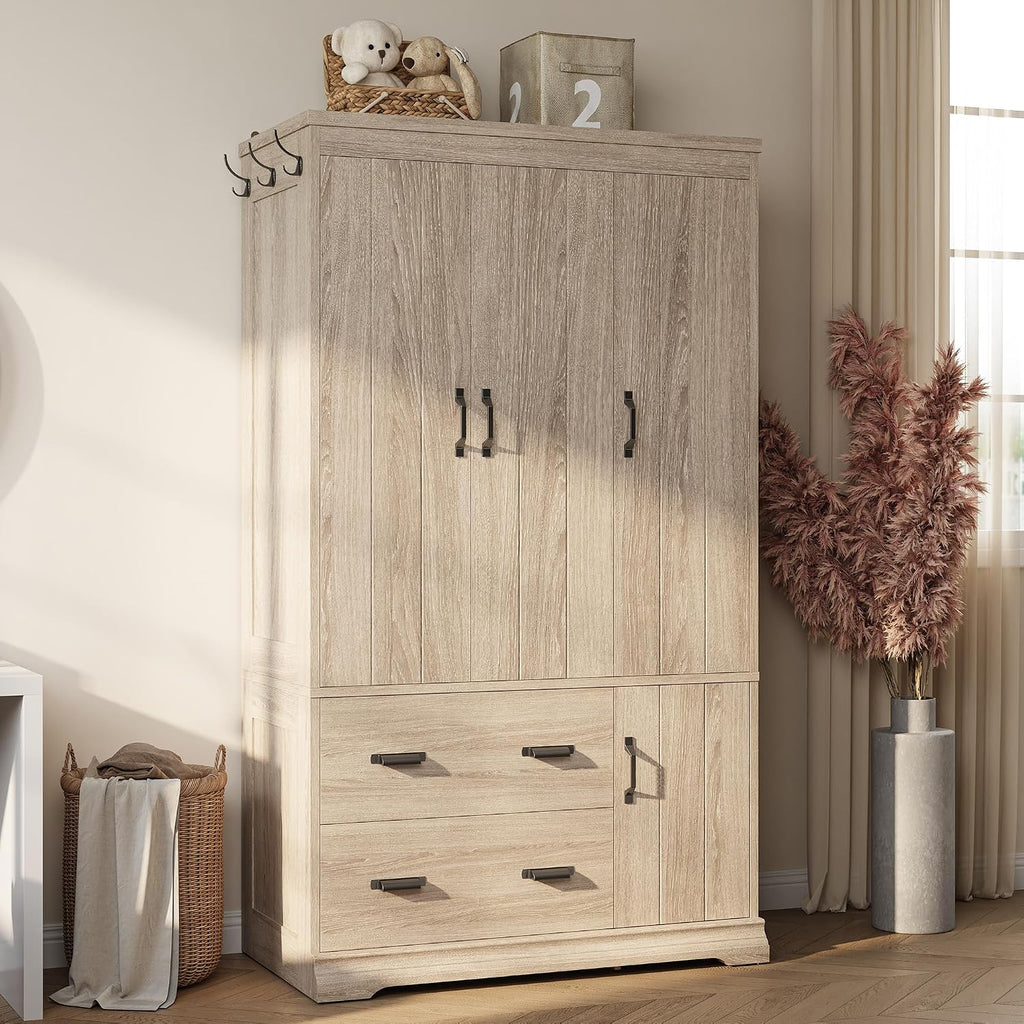 LIKIMIO Wardrobe Closet, 70" Tall 4 Doors Large Wooden Closet with 2 Drawers, 3 Shelves Bedroom Armoire with Hanging Rod, Freestanding Storage Cabinet for Hanging Clothes, Light Oak