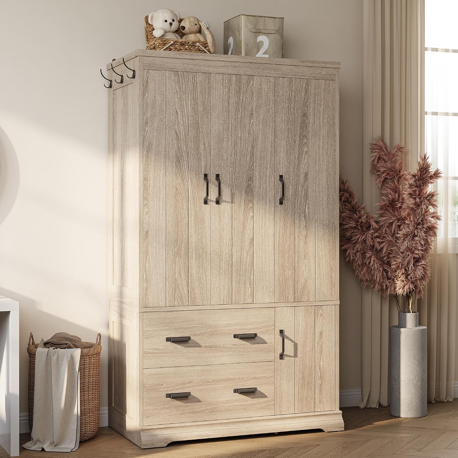 LIKIMIO Wardrobe Closet, 70" Tall 4 Doors Large Wooden Closet with 2 Drawers, 3 Shelves Bedroom Armoire with Hanging Rod, Freestanding Storage Cabinet for Hanging Clothes, Light Oak