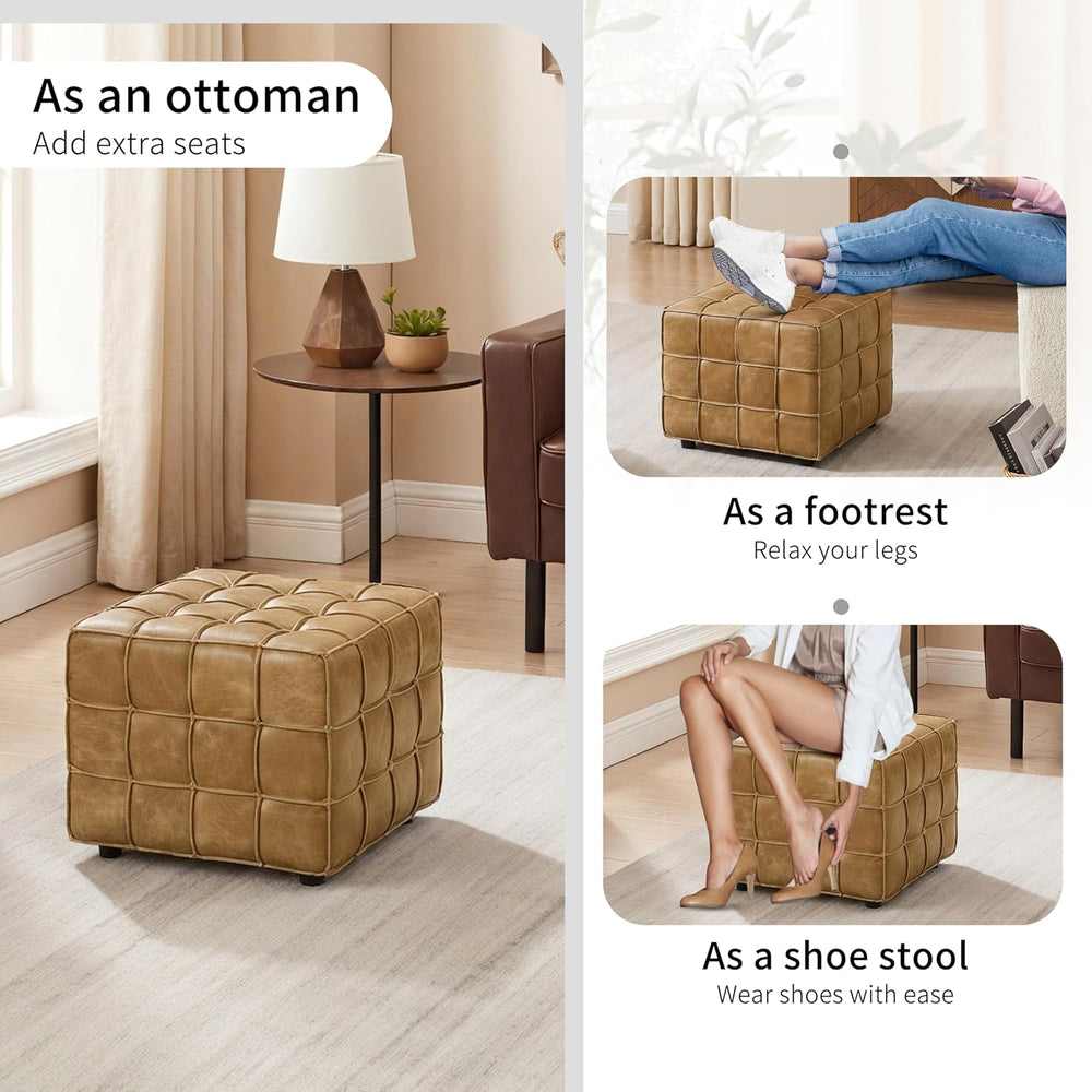 Art Leon Tufted Square Ottoman Leather Footstool Foot Rest Light Brown | Bisc...