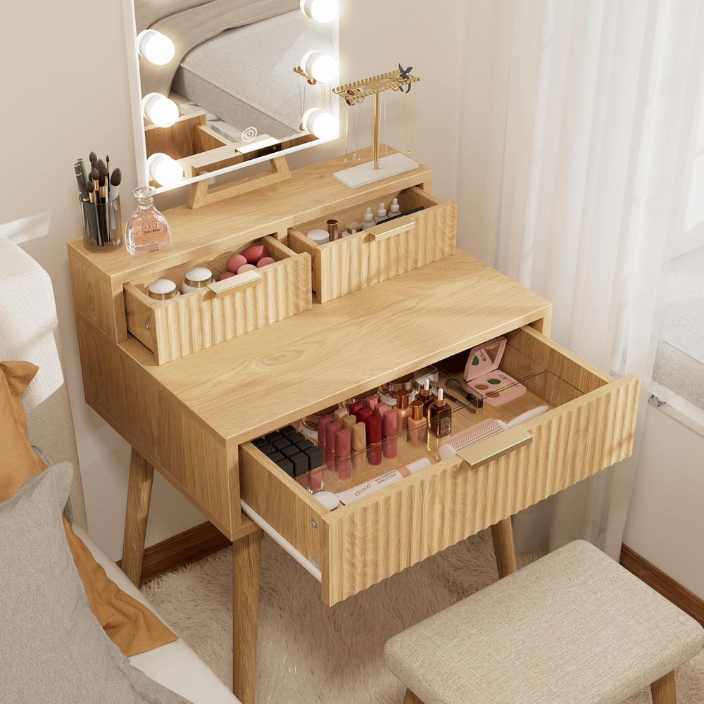 BOLUO Small Vanity Desk with Hollywood Mirror and Lights, Girls Vanity with S...