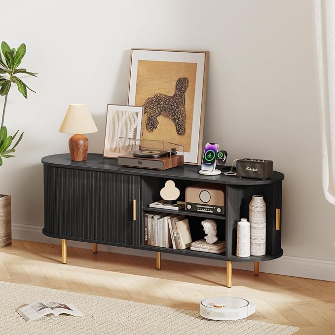 DHH 55 Inch Mid Century Modern TV Stand with Power Outlet for TVs up to 60 Inch, Entertainment Center with Storage and Adjustable Shelves, Media Console with Sliding Doors for Living Room(Black)
