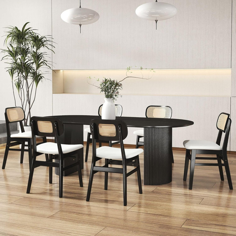 ROCITY Black Rattan Dining Chairs Set of 6 Sherpa Dining Room Chairs Natural ...