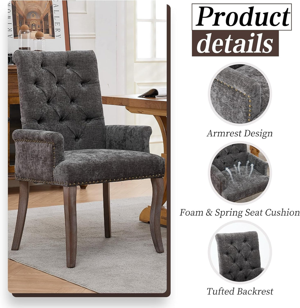 Shenyon Grey Single Dining Chair with Arms, Chenille Upholstered Dining Room ...