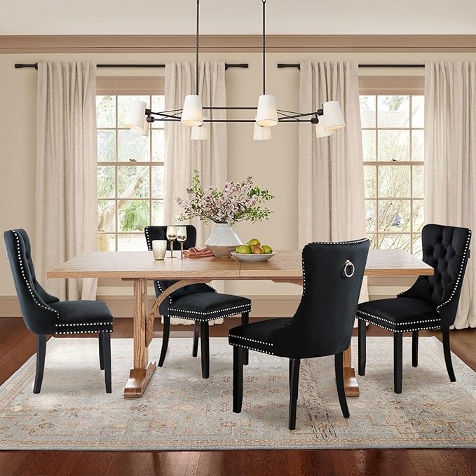 Velvet Upholstered Dining Chairs Set of 4, Modern Style Kitchen Side Chairs with Nailhead Trim and Wood Legs,Metal Pulling Ring for Dining Room Living Room(Black,Set of 4)