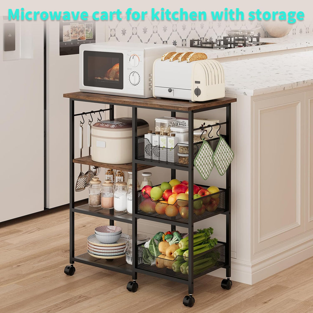 HapiRm Rolling Kitchen Carts with Storage - Microwave Table Stand with 6 Hook...