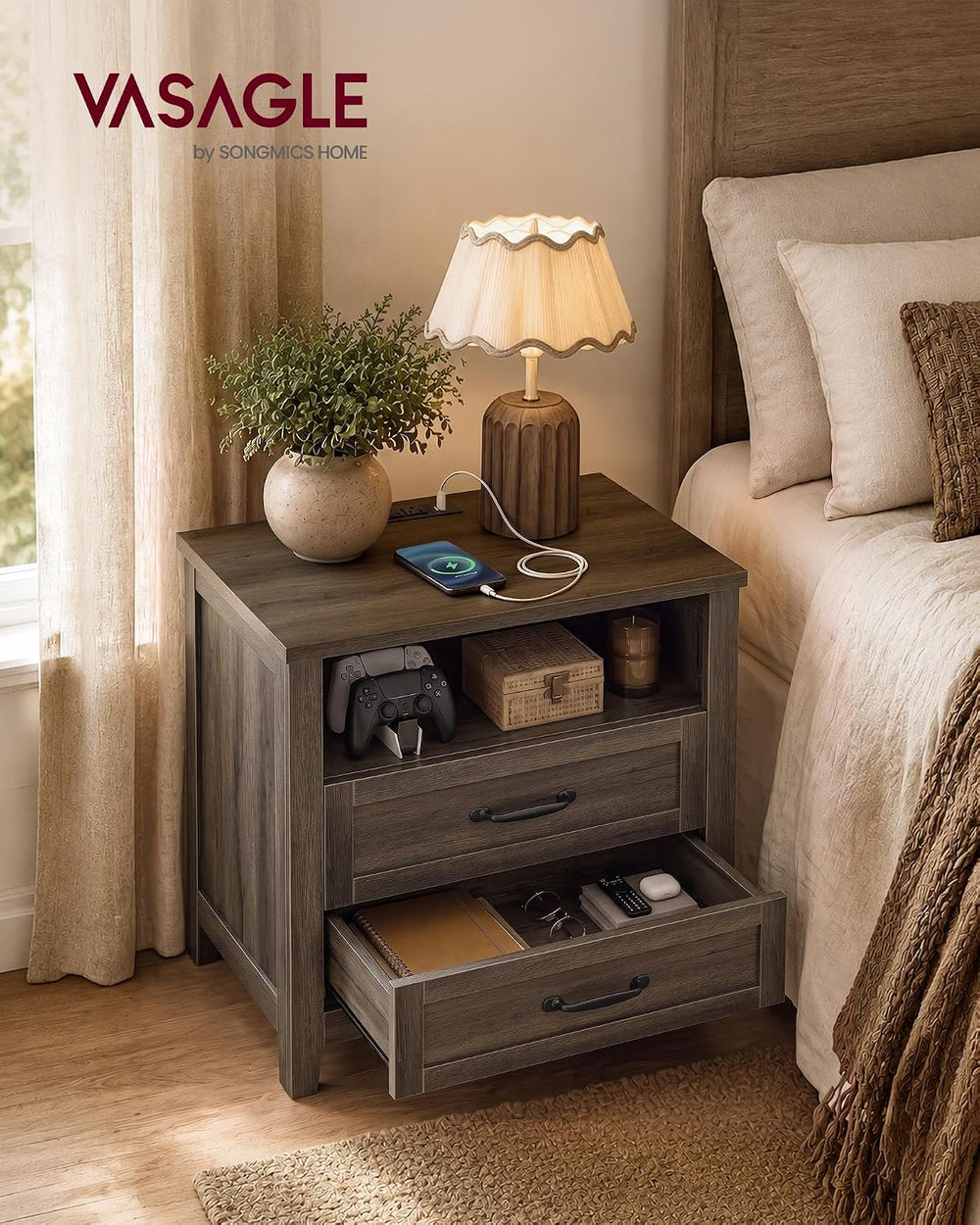 VASAGLE 23.6 inch Farmhouse Nightstands Set 2, Charging Station, 2 Drawers