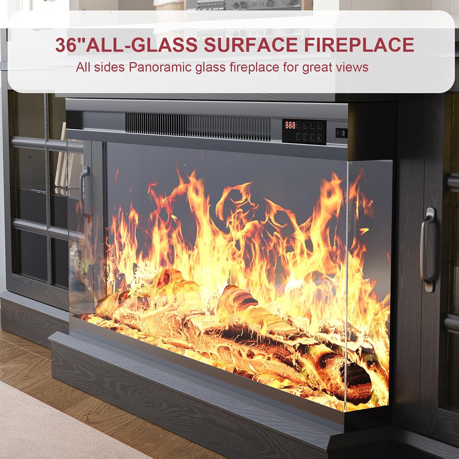 oneinmil 80" Fireplace TV Stand with 3-Sided Glass Fireplace, Modern Wood Entertainment Center with LED Lights and Glass Door, 36" Fire Place TV Stands for Living Room, Black