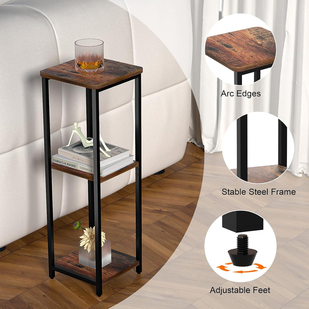 10" Wide Square Drink Table with Adjustable Feet - 3-Tier Small Side Table for Apartments, Balcony & Office | Space-Saving, Lightweight & Multi-Functional (Plants, Books, Drinks, Brown)