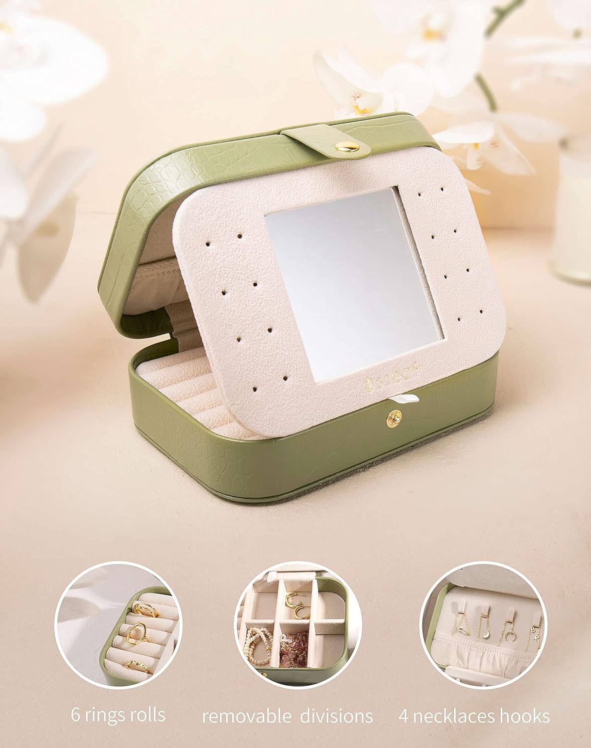 S.Leaf Travel Jewelry Organizer Boxes for Women Small Portable Necklace Earrings Bracelet Rings Travel Case Best Friend Birthday Gifts for Women Trendy (14_Crocodile_Avocade_Big)