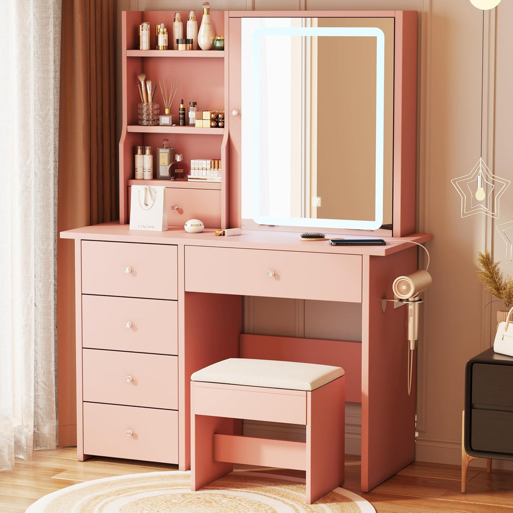 Vanity Desk with Mirror and LED Lights, Makeup Vanity Set with Power Outlet, ...