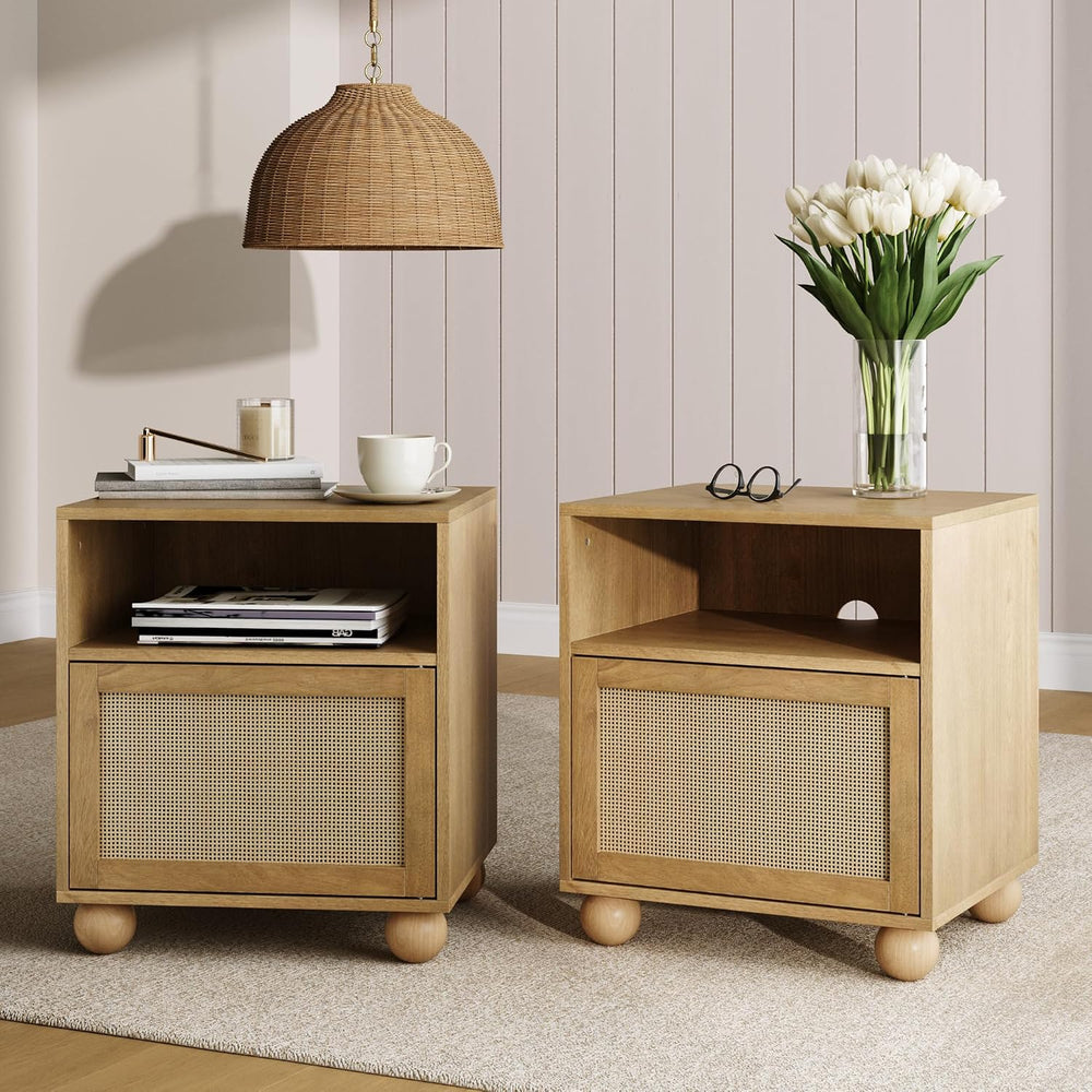 Nathan James Franco Faux Rattan Side Table Nightstand with Storage, Rustic Be...
