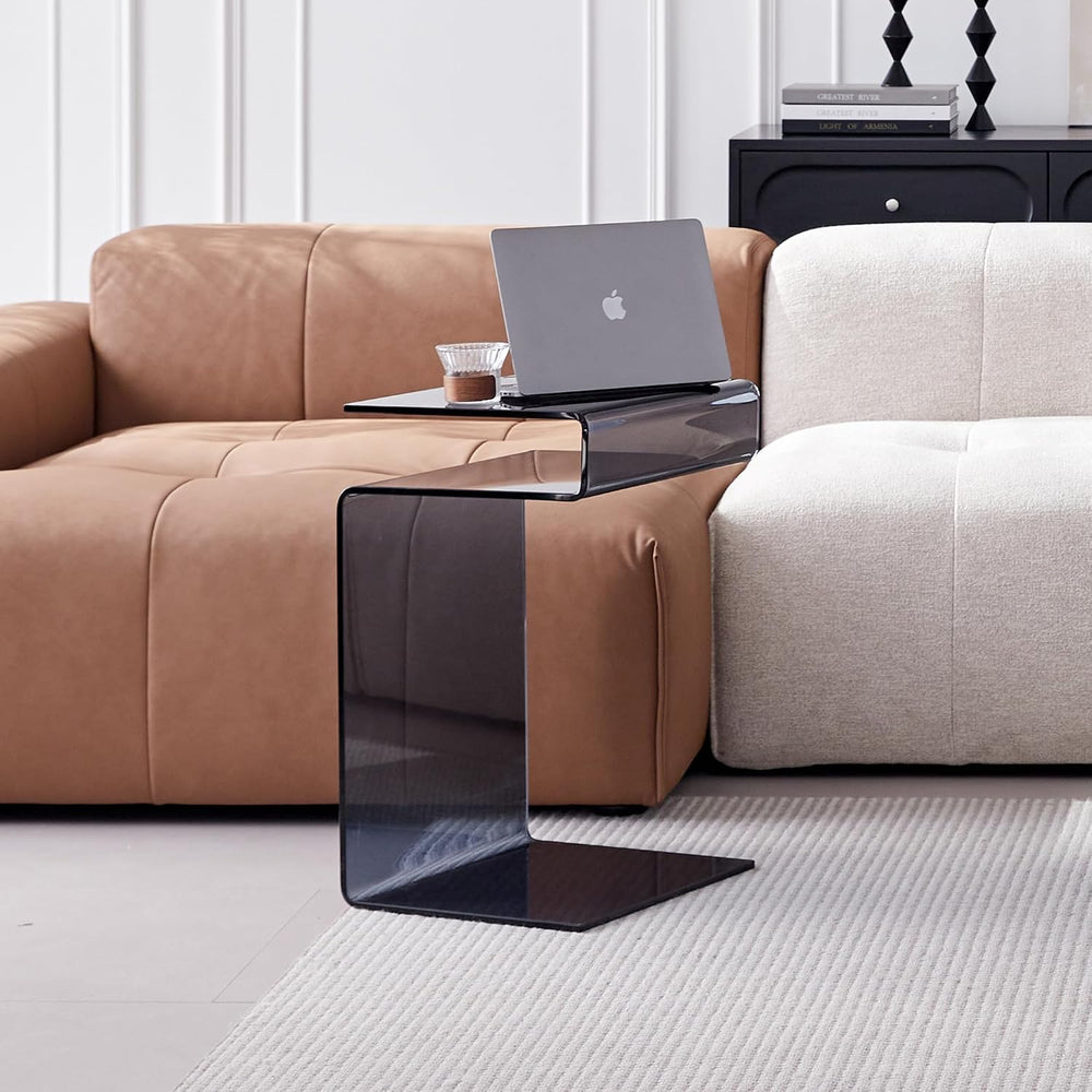 Glass Nightstand End Table, Modern S-Shape Bedside Table for Bedroom, Small G...