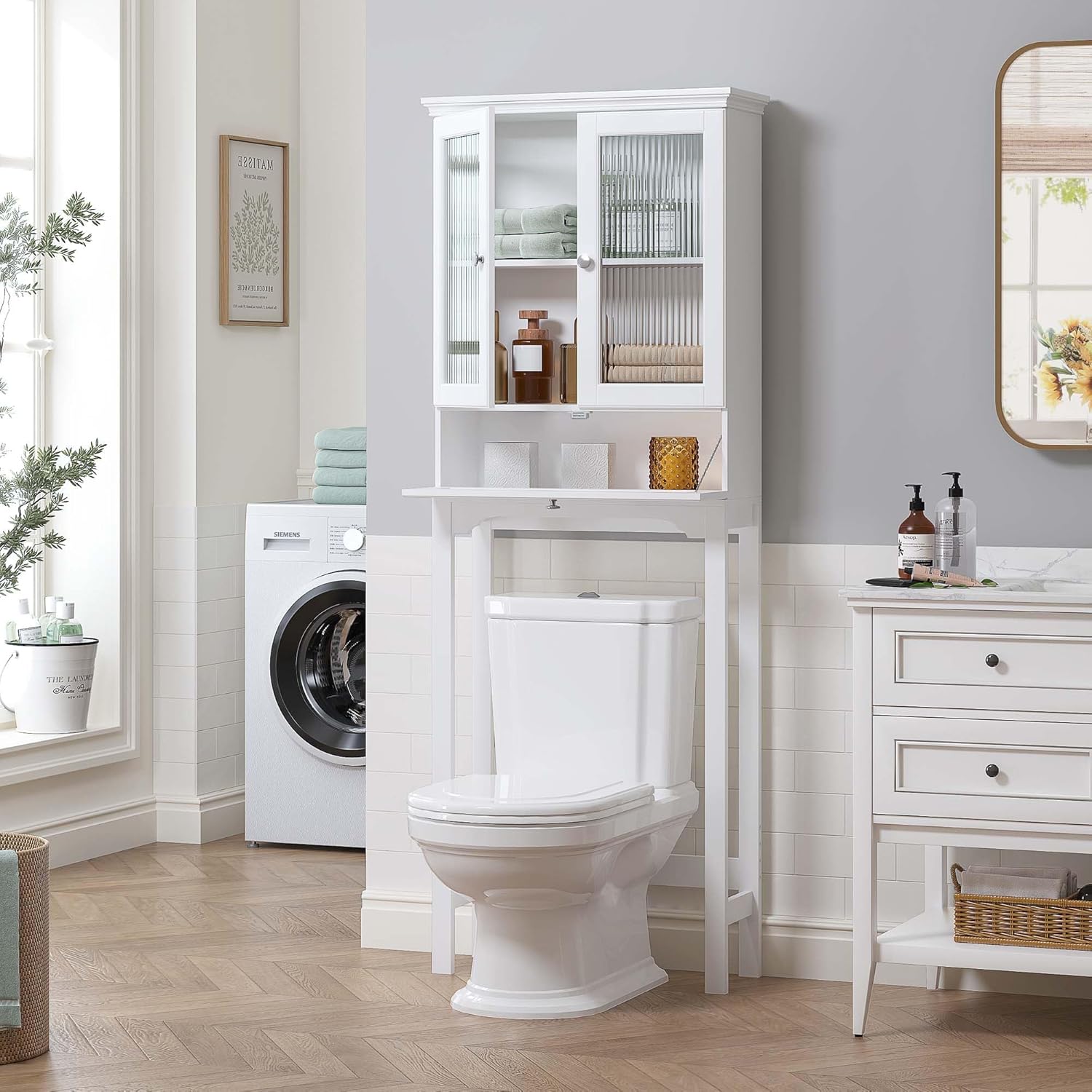 Spirich Over The Toilet Storage Cabinet with Muro Glass Doors, Over Toilet Bathroom Organizer with Tilt-Out Cube and Adjustable Shelf, White