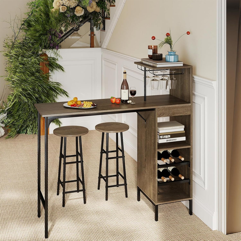 GOFLAME Bar Table Set for 2, Counter Height Dining Table Set with Shelves, Cu...