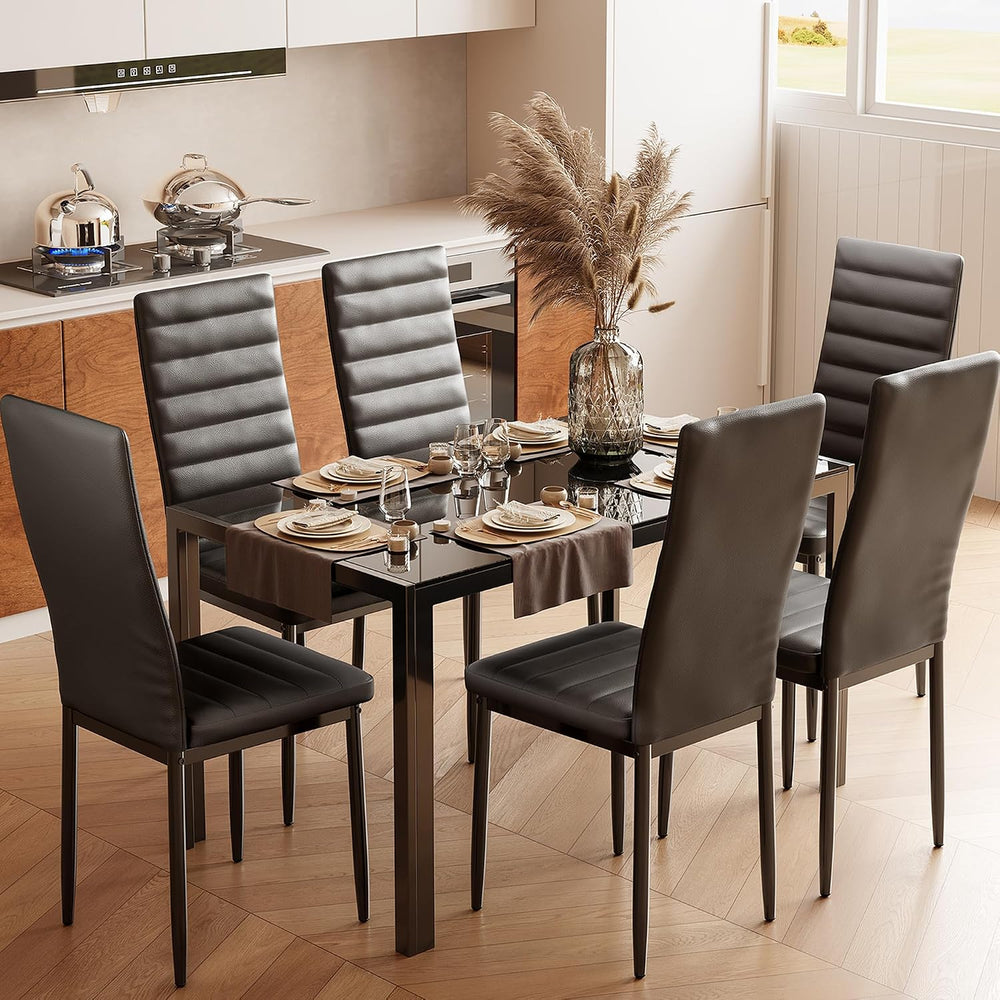 Bealife Kitchen Dining Table Set for 6, Tempered Glass 7 Piece - Black | PU L...