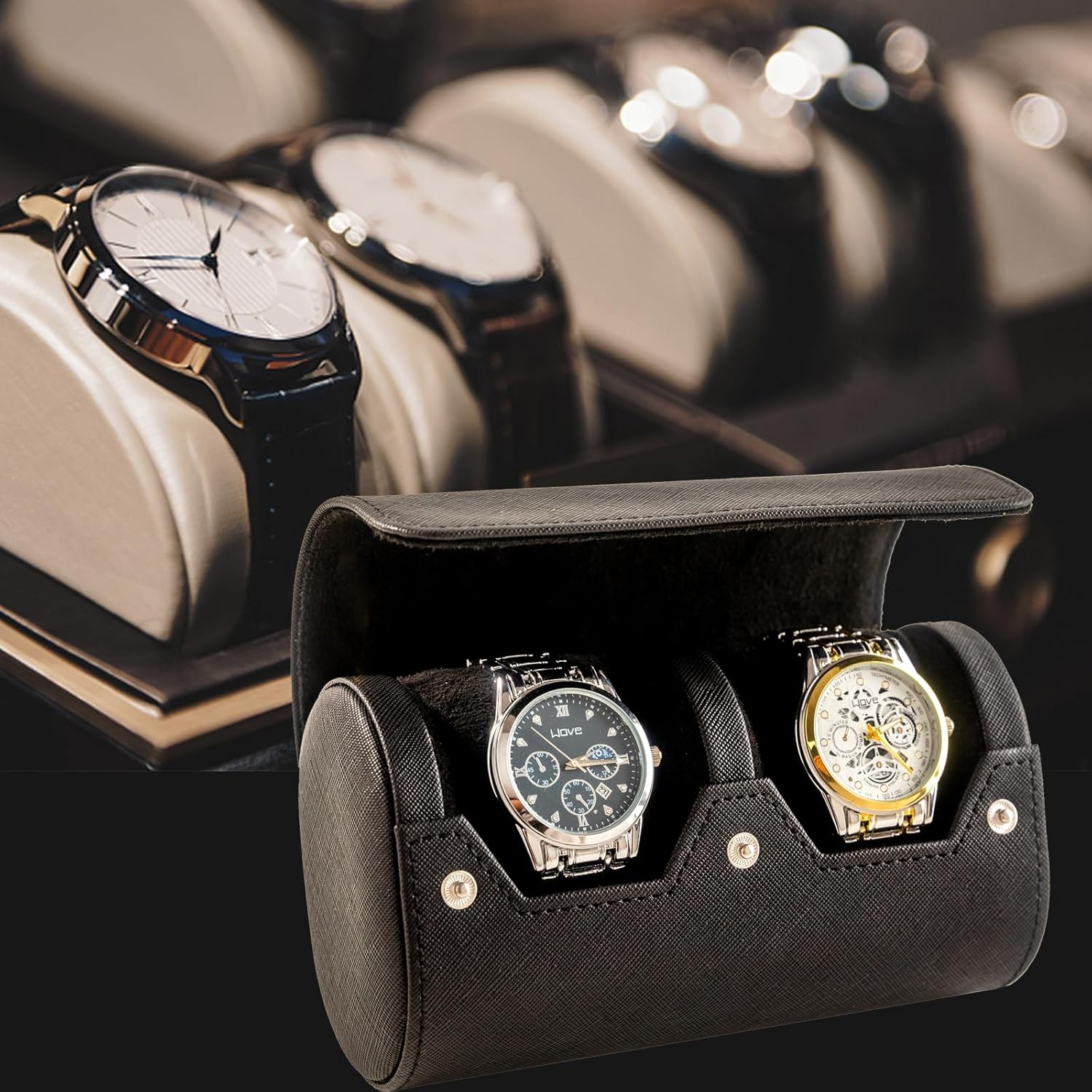 MR.OKAY 2 Watch Travel Case- Classic Leather Watch Case With Perfect Texture.Portable Watch Roll Or Organizer For Storage And Display. Luxury Gifts For Men, All Handmade by Artisans.