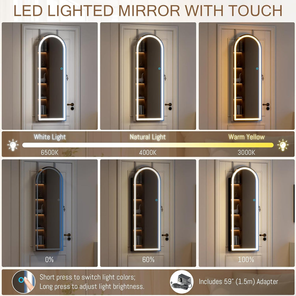 LVSOMT Wall Mounted Jewelry Organizer Lockable, 43"x16" Door Hanging Arched Mirror with Lights and Jewelry Storage, 6 LEDs Jewelry Cabinet (White)