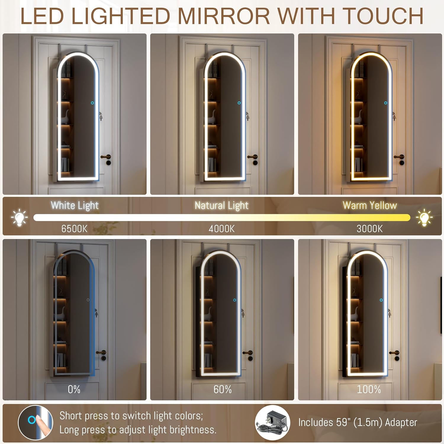 LVSOMT Wall Mounted Jewelry Organizer Lockable, 43"x16" Door Hanging Arched Mirror with Lights and Jewelry Storage, 6 LEDs Jewelry Cabinet (White)