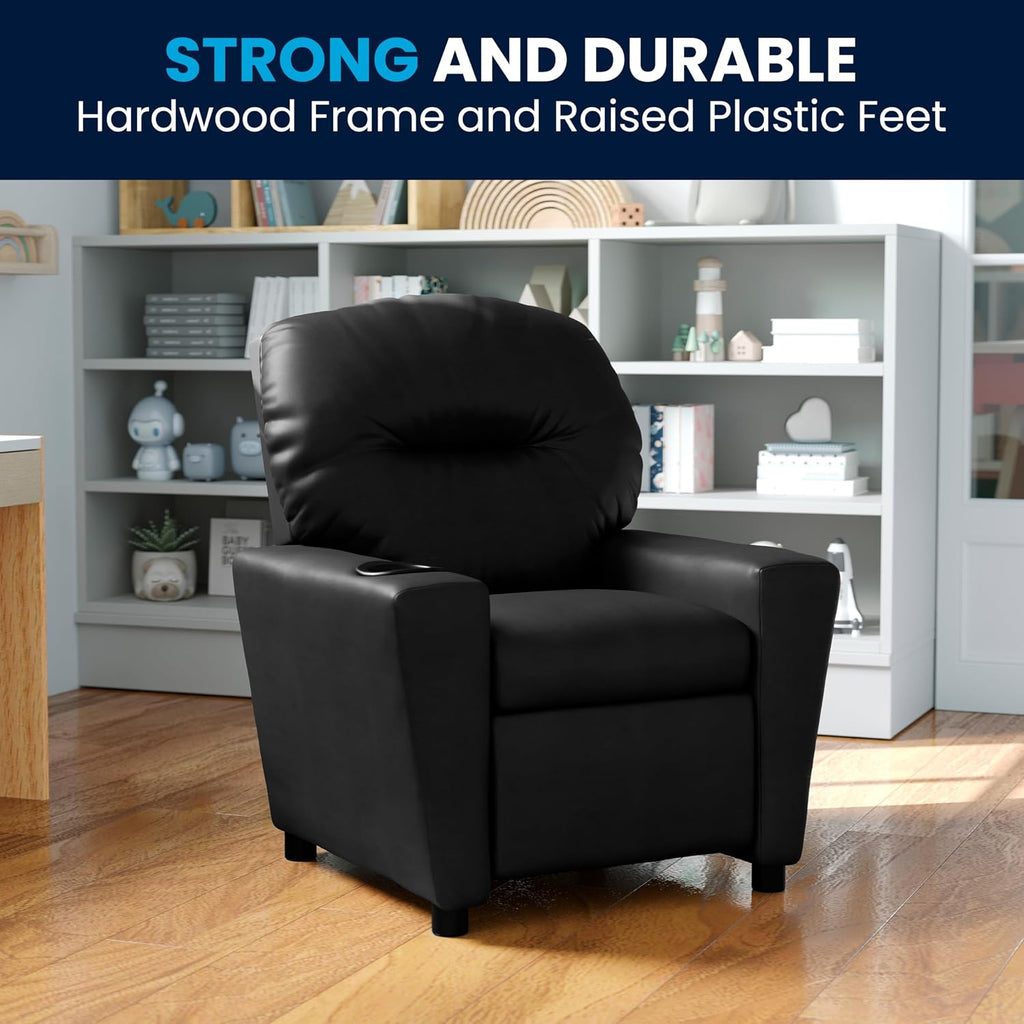 Flash Furniture Chandler LeatherSoft Kids Recliner with Cup Holder and Safety Recline, Contemporary Reclining Chair for Kids, Supports up to 90 lbs., Black