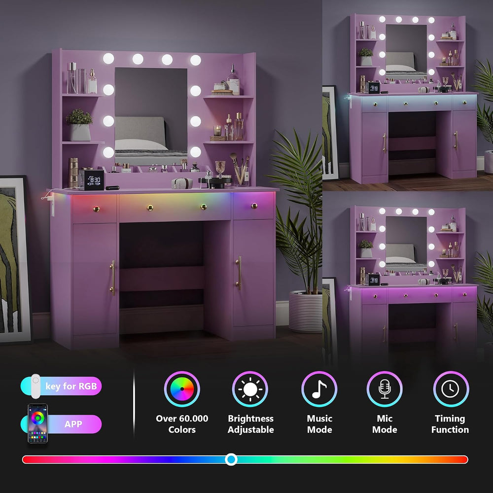 Wodeer Makeup Vanity Desk with Mirror and Lights, 43" Purple Vanity Set ...