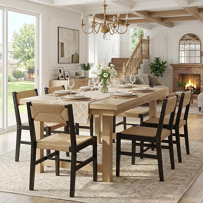Mid Century Modern Rattan Dining Chairs Set of 6 Black Beechwood Kitchen Chairs Farmhouse Woven Dining Room Chairs Armless Boho Cane Wicker Chair Wooden Dining Chairs with Weave Hemp Seat and Backrest