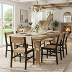 Mid Century Modern Rattan Dining Chairs Set of 6 Black Beechwood Kitchen Chairs Farmhouse Woven Dining Room Chairs Armless Boho Cane Wicker Chair Wooden Dining Chairs with Weave Hemp Seat and Backrest