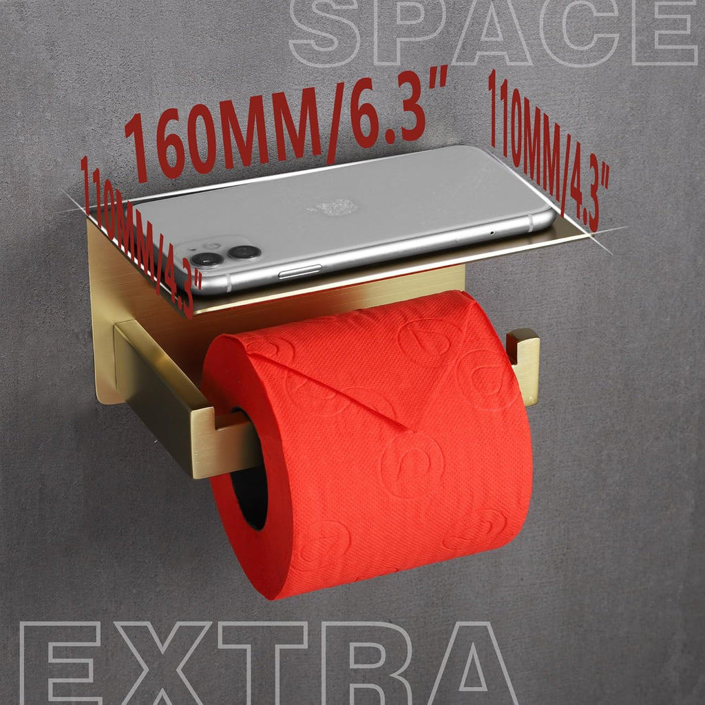 LANC Gold Toilet Paper Holder with Shelf Brushed Gold Toilet Tissue Roll Holder with Phone Shelf for Bathroom Wall Mounted and Self-Adhesive Toilet Paper Roll Holder Stainless Steel, A8367BG