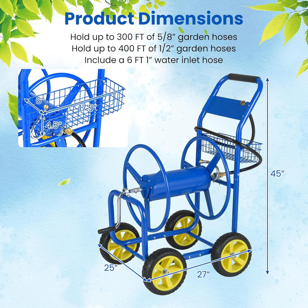 Goplus Garden Hose Reel Cart, 300 FT of 5/8" Large Capacity, Heavy-Duty Metal Hose Cart w/ 4 Wheels, Storage Basket, Portable Water Hose Organizer for Outside Yard, Outdoor Planting Tool (Green)