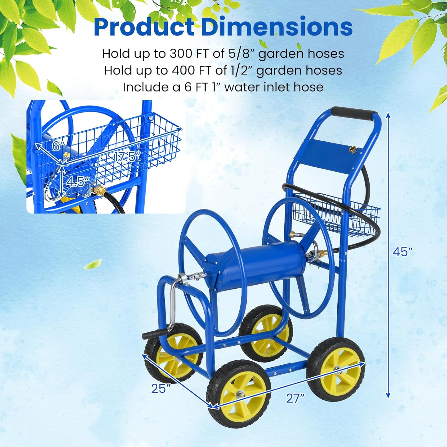 Goplus Garden Hose Reel Cart, 300 FT of 5/8" Large Capacity, Heavy-Duty Metal Hose Cart w/ 4 Wheels, Storage Basket, Portable Water Hose Organizer for Outside Yard, Outdoor Planting Tool (Green)