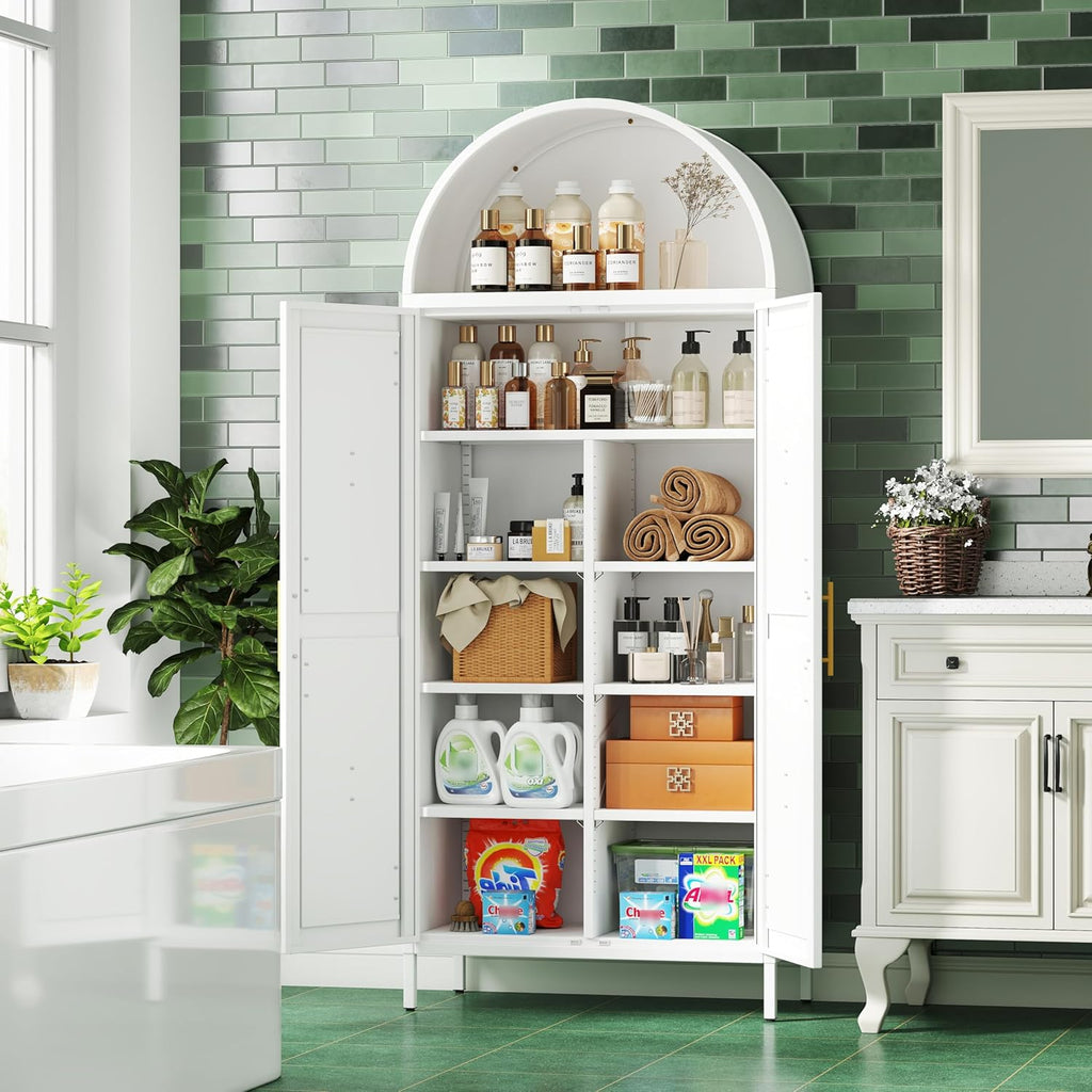 72.8" H White Metal Arched Pantry Cabinet, 30.7" W, 2-Door | Kitchen storage cupboard with 6 adjustable shelves, and anti-tip kit for pantry, dining, laundry, or bath, Assembly Required