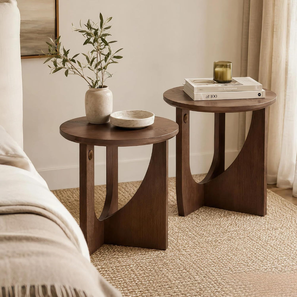 100% Solid Wood Round Side Table Set of 2, 19.7'' Walnut Brown Small ...