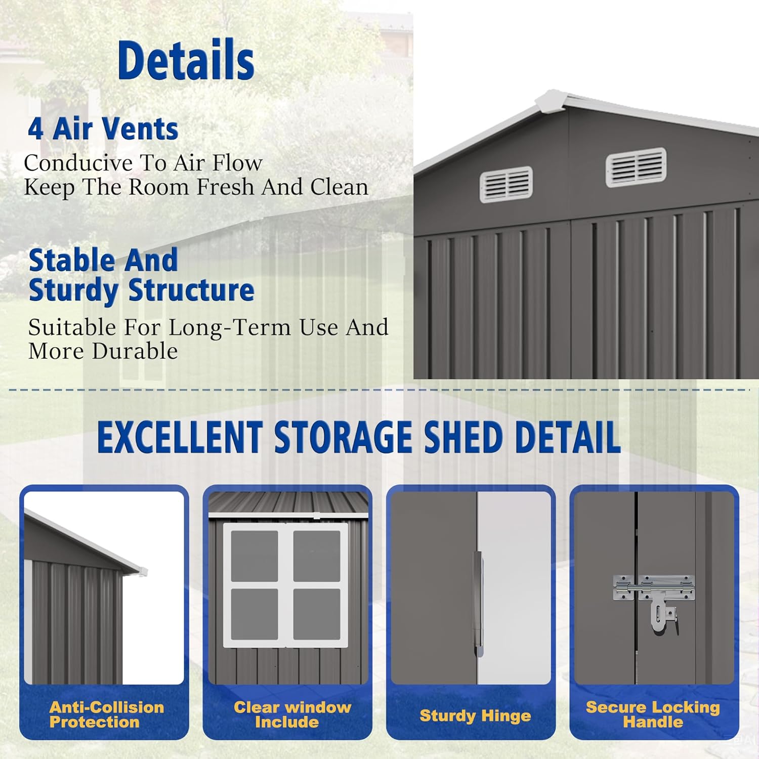 Metal Storage Shed, 10 X 8 FT Lockable Outdoor Tool Shed with Air Vent and Clear Windows, Galvanized Steel Garden Shed for Backyard, Patio, Garden, Bike Storage or Outdoor Use, Grey