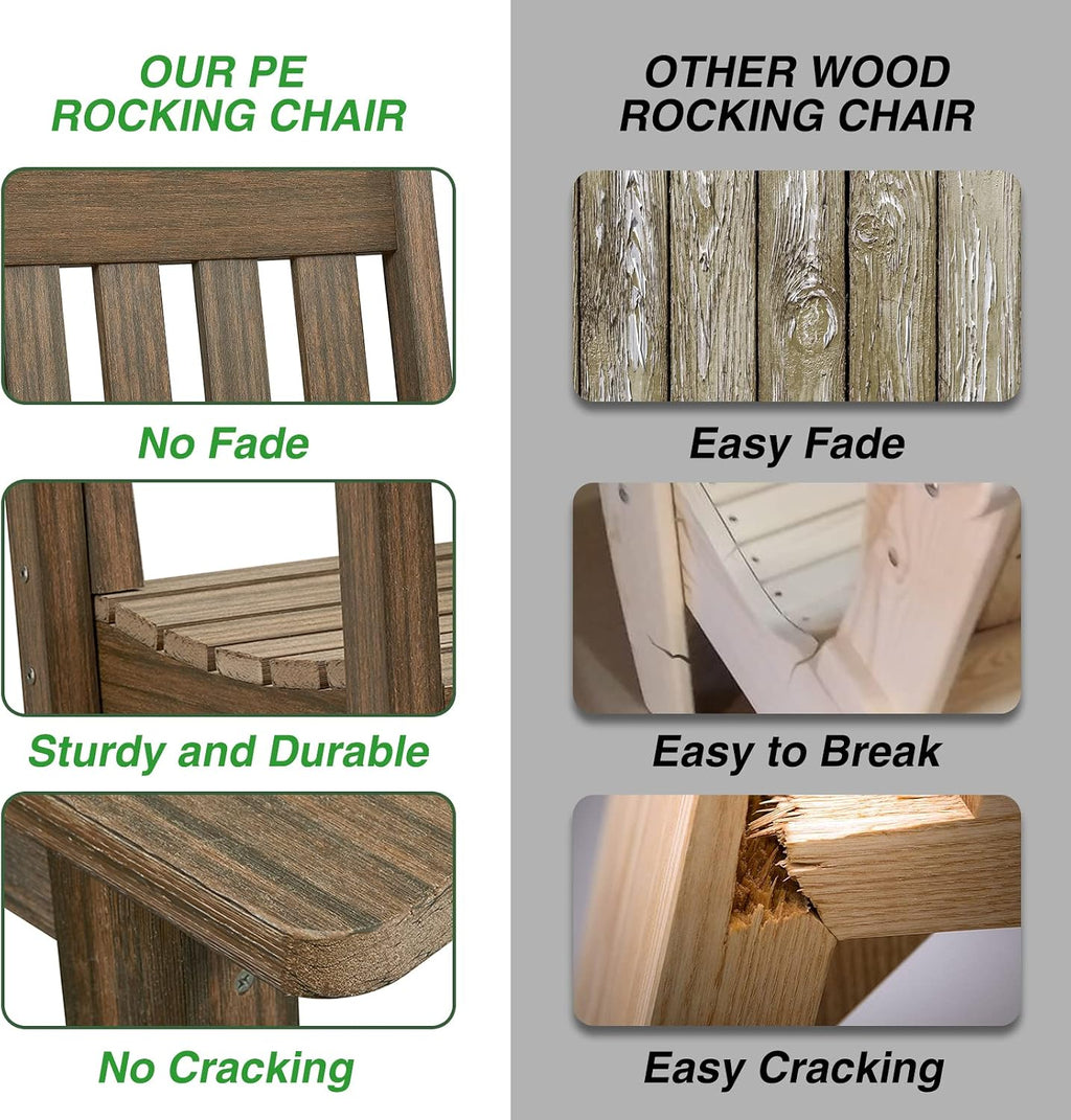 Oversized Outdoor Rocking Chair, Porch Rocker with High Back, Brown | HDPE Patio Rocking Chairs, Weather Resistant & 350lbs Heavy Duty Porch Rocker with High Back for Backyard,Garden and Balcony