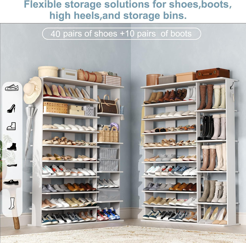 HOMEFORT 10 Tiers Shoe Rack, 50 Pairs Large Shoe Shelf, 61.8" Tall Shoe Tower, Freestanding Shoe Rack Organizer with Open Shelves, Wood Shoe Stand for Boot Storage, for Closet, Entryway, White