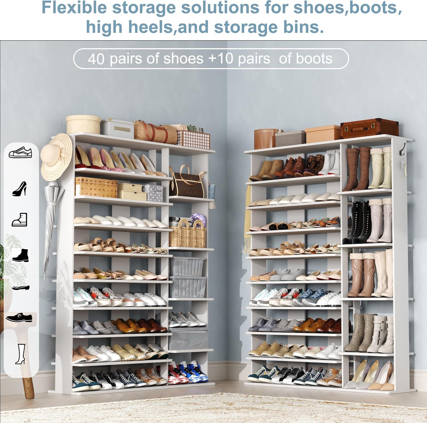 HOMEFORT 10 Tiers Shoe Rack, 50 Pairs Large Shoe Shelf, 61.8" Tall Shoe Tower, Freestanding Shoe Rack Organizer with Open Shelves, Wood Shoe Stand for Boot Storage, for Closet, Entryway, White