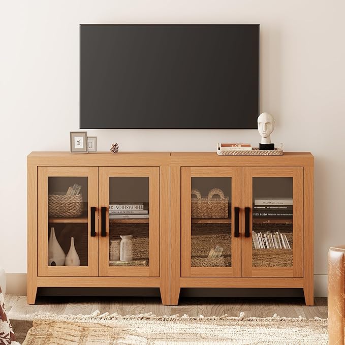 WAMPAT Farmhouse TV Stand for TVs up to 65”, Rustic Wood Entertainment Center with Adjustable Shelf, Glass Doors & Storage, Media Console Cabinet for Living-Room, Bedroom, Mocha