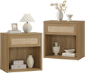 SICOTAS Night Stand Set of 2 26" Wide Large Nightstands with Drawer & Shelf Storage Rattan Bedside Table Boho End Table Tall Bed Side Tables Night Stands for Bedroom Living Room Sofa Office, Amber Oak