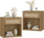 SICOTAS Night Stand Set of 2 26" Wide Large Nightstands with Drawer & Shelf Storage Rattan Bedside Table Boho End Table Tall Bed Side Tables Night Stands for Bedroom Living Room Sofa Office, Amber Oak