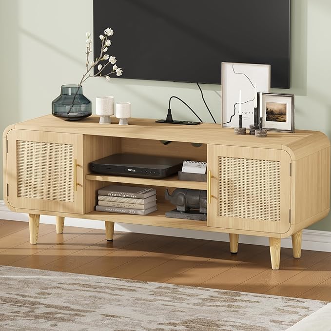 Rattan TV Stand for 60 Inch TV, Entertainment Center with Charging Station, Adjustable Shelf & 2 Storage Cabinet, Boho TV Console, Modern Media Console for Living Room, Bedroom Natural
