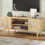 Rattan TV Stand for 60 Inch TV, Entertainment Center with Charging Station, Adjustable Shelf & 2 Storage Cabinet, Boho TV Console, Modern Media Console for Living Room, Bedroom Natural