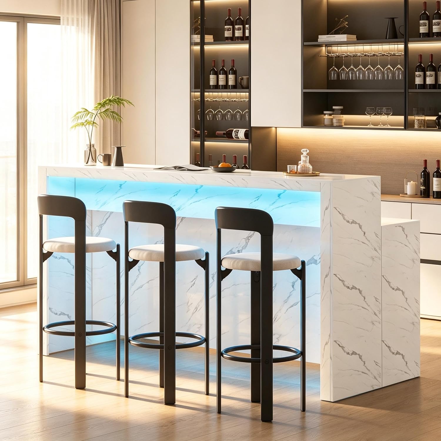 71'' Faux Marble Dining Table for 6 People, 2-Tier Tall Modern Kitchen Island with LED Lights, Rectangle Kitchen Dining Table for Home