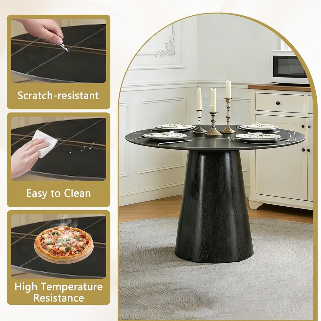 Faux Marble Round Dining Table for 4-6, 42" Modern Round Kitchen Table with Sintered Stone Top and Wood Stable Pedestal for Apartment,Restaurant,Small Space (Black