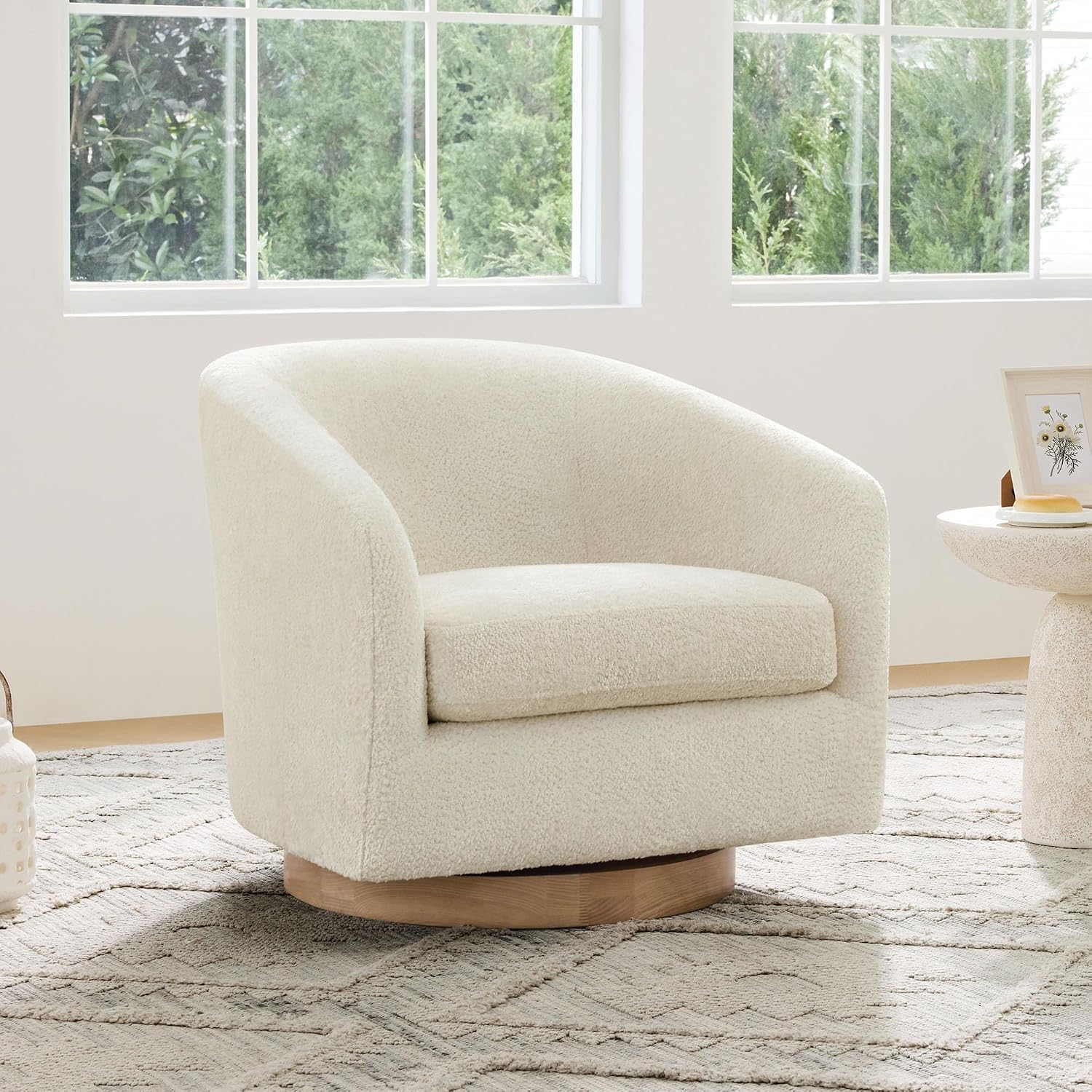 CHITA Swivel Accent Chair Set of 2, FSC Wood Frame, Fully Assembled, Cream | Fabric Barrel Arm Chair with 360° Swivel Solid Wood Base, Mid Century Modern Living Room Chair, 31"x31"x28", 350 Lb Capacity