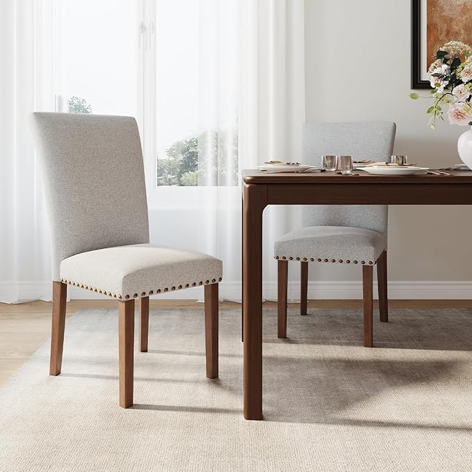 Stylish Dining Chairs Set of 2, Upholstered Parsons Dining Room Chair with Nailhead Trim, Kitchen Room Chair with Thick Cushions and Wood Legs, Nailhead Trim, Light Grey